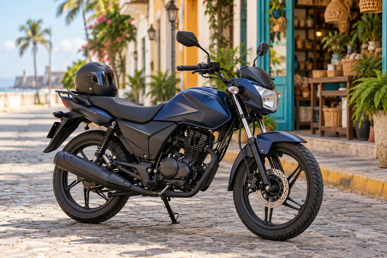 Imagen ilustrativa de una motocicleta utilitaria estacionada frente a un pequeño comercio